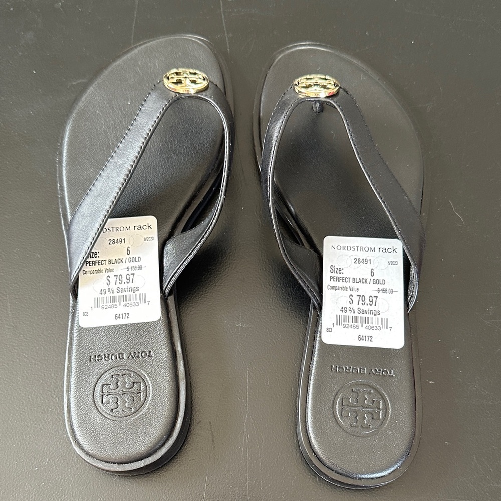 Tory Burch Black Leather Thong Sandals with Gold Logo Medallions
